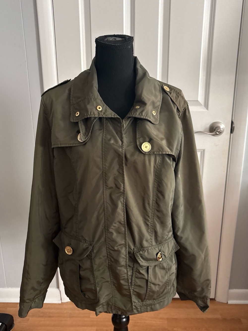 Jones New York Olive Utility Jacket with Gold-Tone Buttons